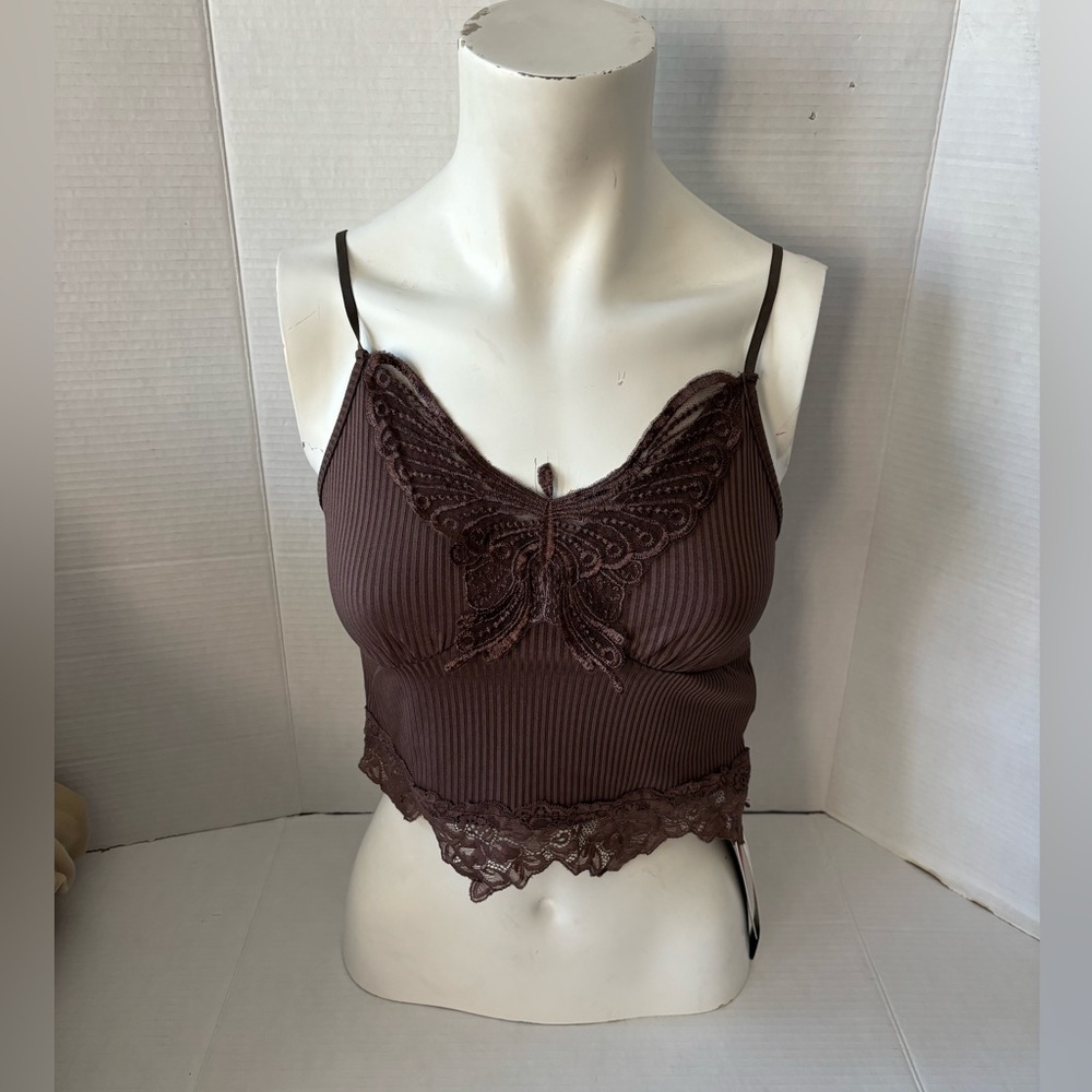 NEW Romwe Women’s Butterfly Brown Spaghetti Strap Camisole Top-Size Small